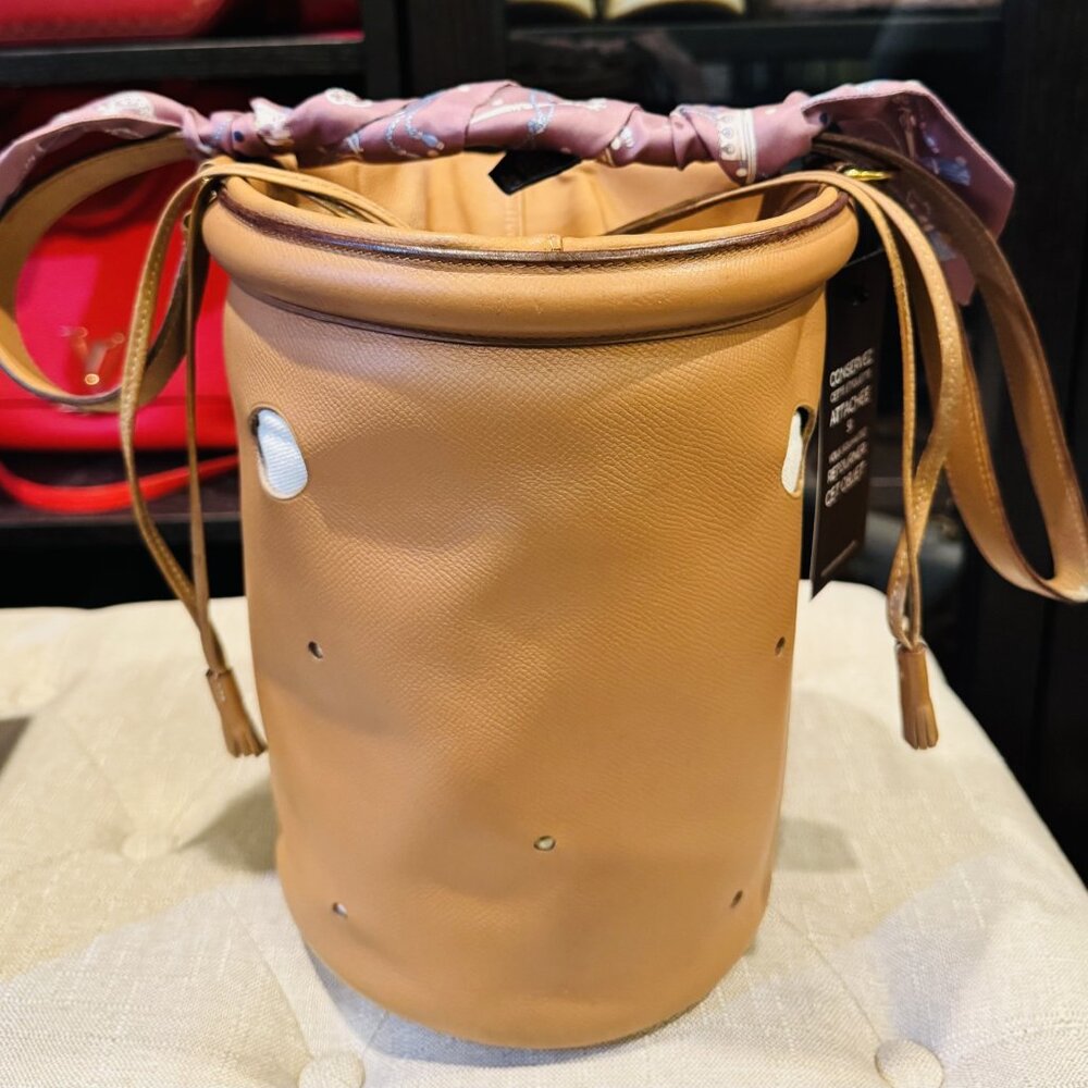 Sold-Hermes Mangeorie Elegant Brown Bucket Bag with Scarf Accent- Rare Herme